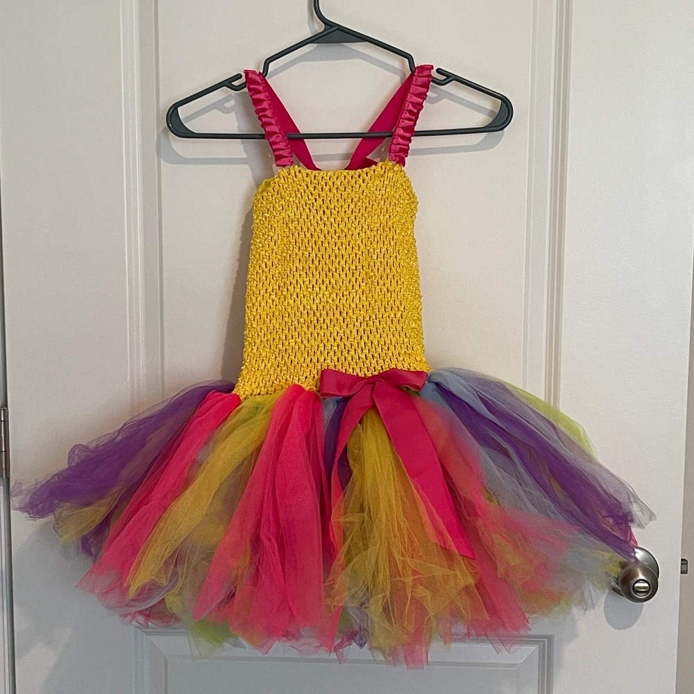 Handmade Kids Rainbow Tutu Dress Yellow Crochet Tulle Party Costume Multicolor
